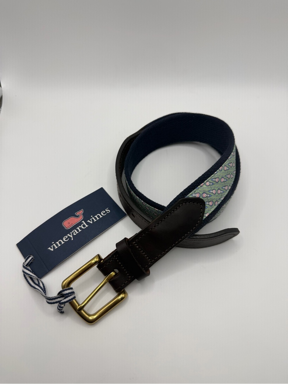 Vineyard Vines Navy & Green Paisley Webbed Leather-Trim Belt